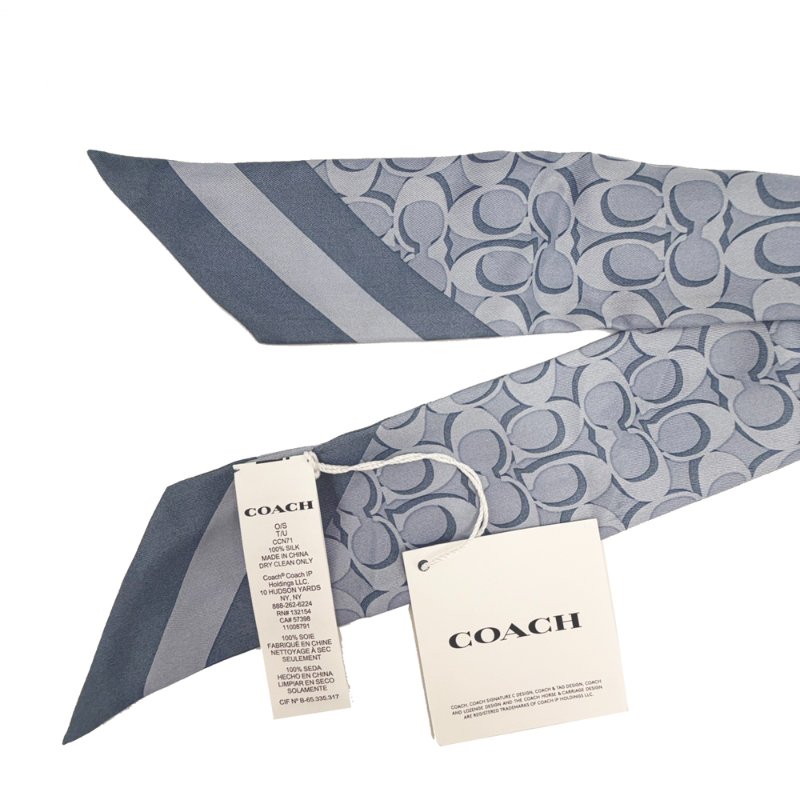 【全新】COACH C LOGO 100%蠶絲領帶長型絲巾領巾髮帶(藍)-3