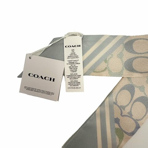【全新】COACH C LOGO 100%蠶絲領帶長型絲巾領巾髮帶(彩色藍)