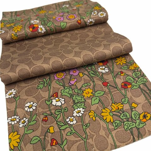 【全新】COACH C LOGO花卉 100%蠶絲絲巾方巾頭巾領巾圍巾(焦糖/花卉)