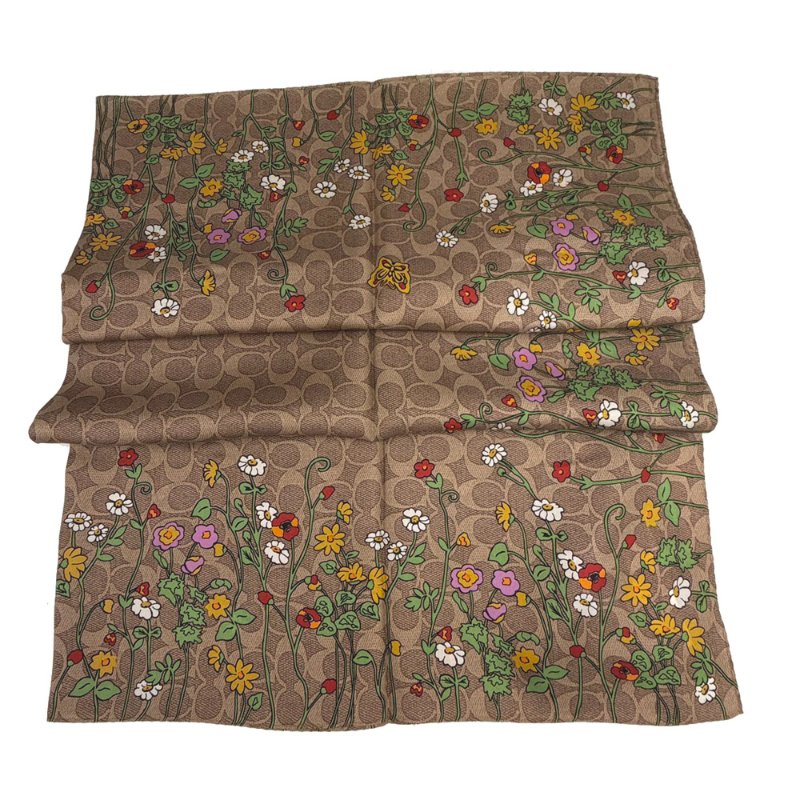 【全新】COACH C LOGO花卉 100%蠶絲絲巾方巾頭巾領巾圍巾(焦糖/花卉)-1