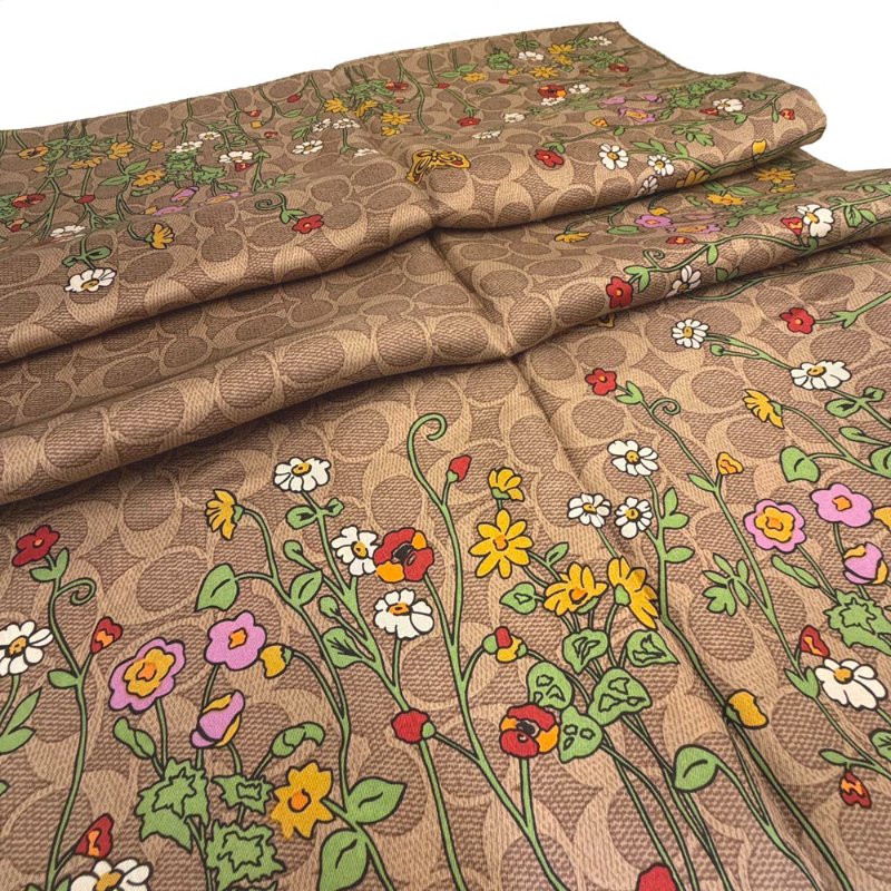 【全新】COACH C LOGO花卉 100%蠶絲絲巾方巾頭巾領巾圍巾(焦糖/花卉)-2