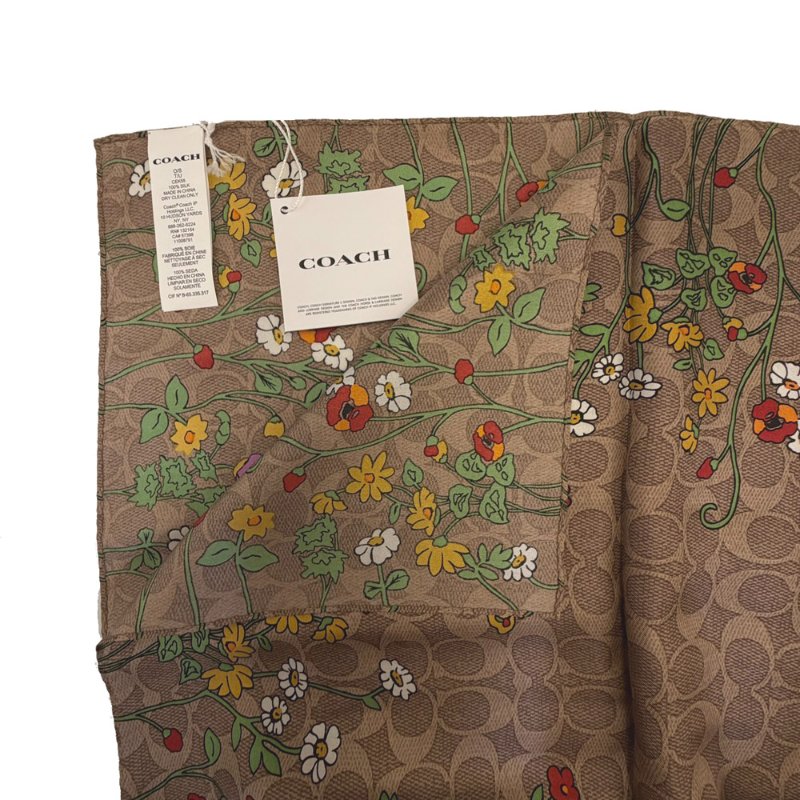 【全新】COACH C LOGO花卉 100%蠶絲絲巾方巾頭巾領巾圍巾(焦糖/花卉)-4