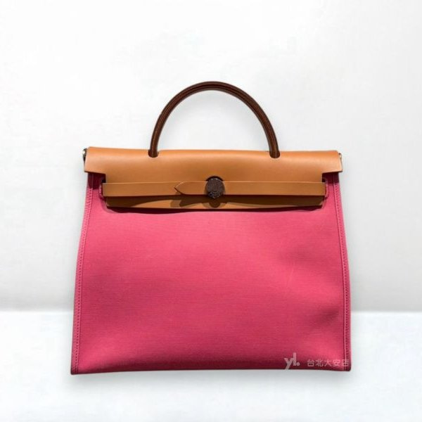 A13081-Hermes Herbag 31桃粉帆布銀釦外逢手提肩背包-0