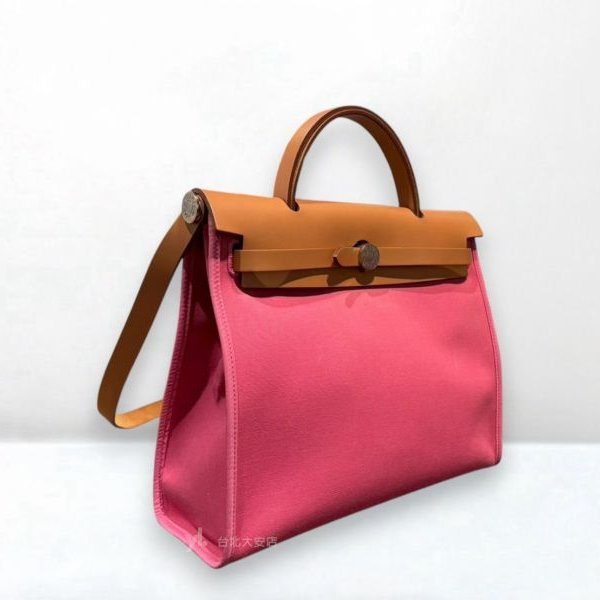 A13081-Hermes Herbag 31桃粉帆布銀釦外逢手提肩背包-1