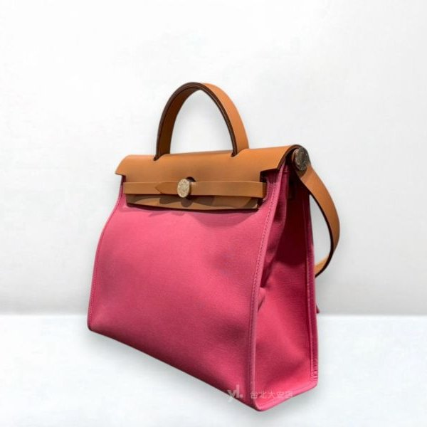 A13081-Hermes Herbag 31桃粉帆布銀釦外逢手提肩背包-2