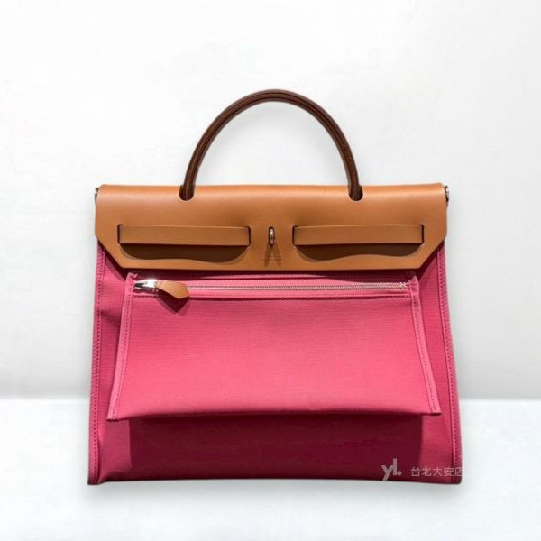 A13081-Hermes Herbag 31桃粉帆布銀釦外逢手提肩背包-3