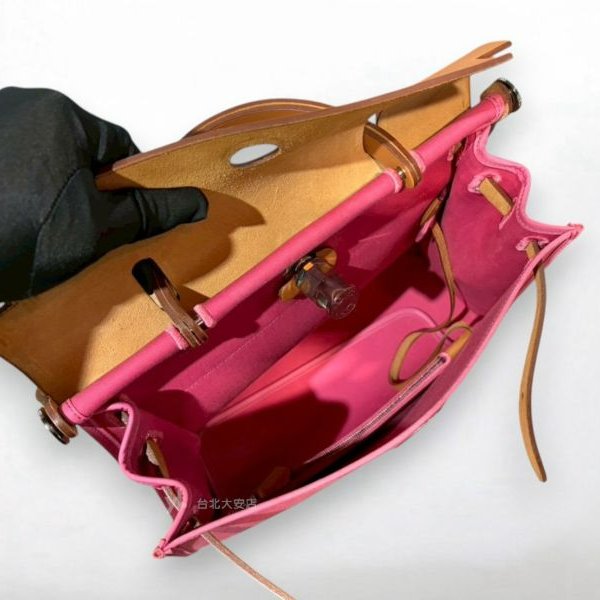 A13081-Hermes Herbag 31桃粉帆布銀釦外逢手提肩背包-5