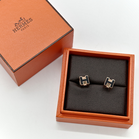 Hermès 愛馬仕 H 立體 黑色 方形耳環