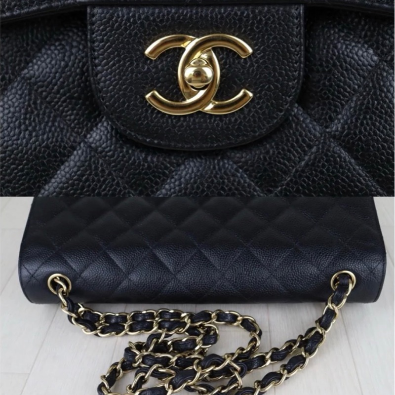 「JL精品代購」9新 CHANEL 經典口蓋包Jumbo CF30  黑金荔枝牛皮-7