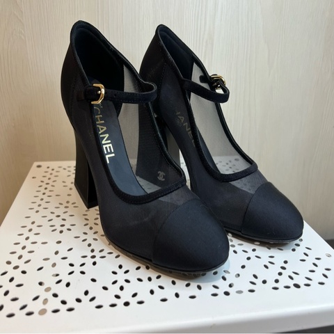 Chanel 超美網紗珍珠粗跟鞋
