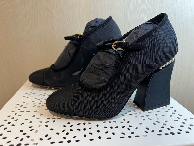 Chanel 超美網紗珍珠粗跟鞋-1