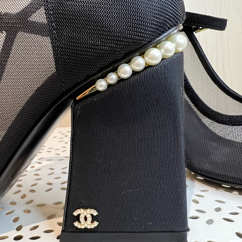 Chanel 超美網紗珍珠粗跟鞋-5