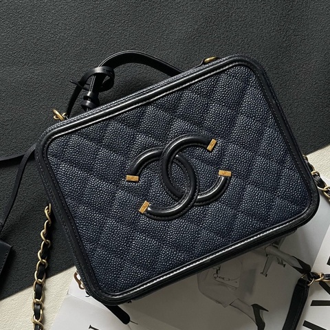 Chanel香奈兒 vanity case 相機包 中號  深藍色荔枝皮菱格