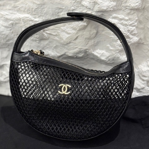 Chanel香奈兒 25S漁網黑色呼啦圈手提包