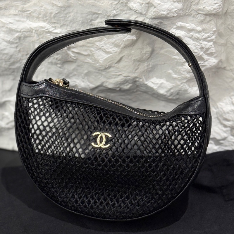 Chanel香奈兒 25S漁網黑色呼啦圈手提包-0
