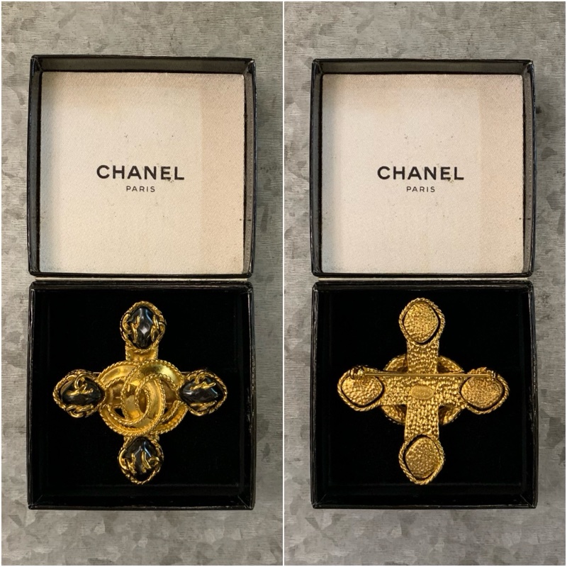 95A 1995 Chanel Vintage CC Logo Cross Black Pearl Brooch Pin 24K Gold Plated 十字黑珍珠香奈兒標誌心口針-1