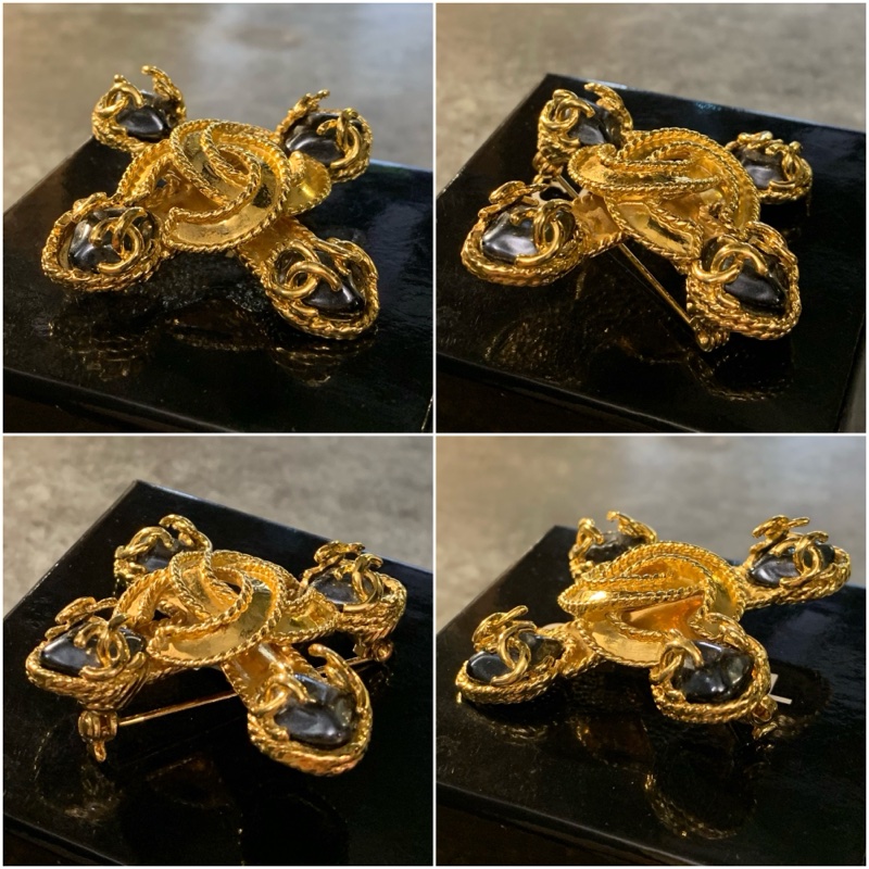 95A 1995 Chanel Vintage CC Logo Cross Black Pearl Brooch Pin 24K Gold Plated 十字黑珍珠香奈兒標誌心口針-4