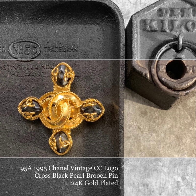 95A 1995 Chanel Vintage CC Logo Cross Black Pearl Brooch Pin 24K Gold Plated 十字黑珍珠香奈兒標誌心口針-8