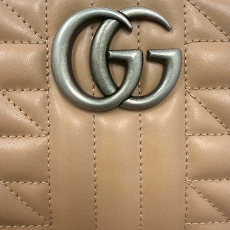 正品 Gucci二手近新Marmont奶茶銀釦拉鍊肩背/斜背包-3
