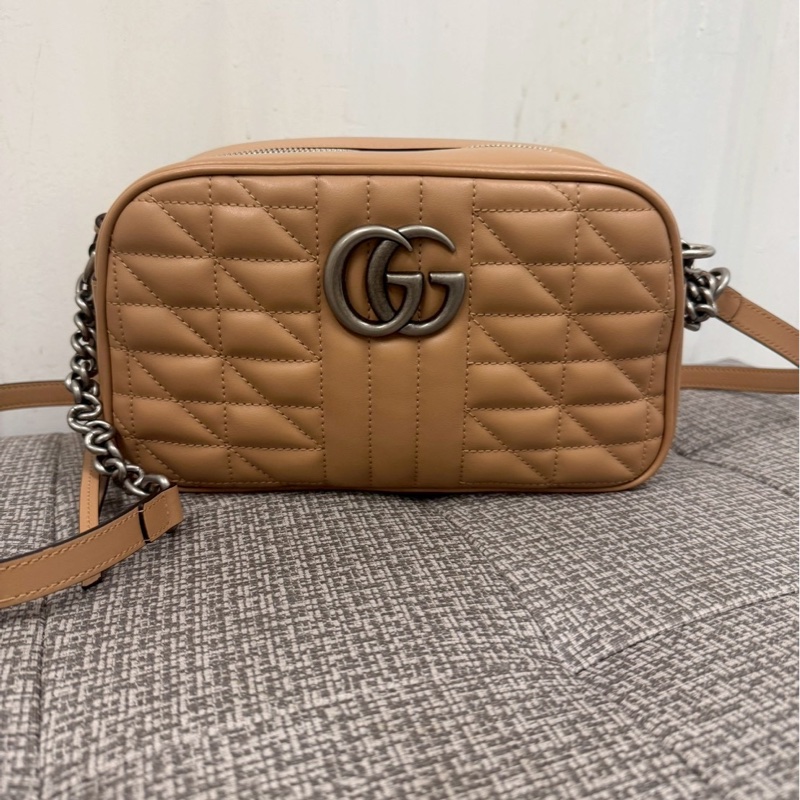 正品 Gucci二手近新Marmont奶茶銀釦拉鍊肩背/斜背包-5