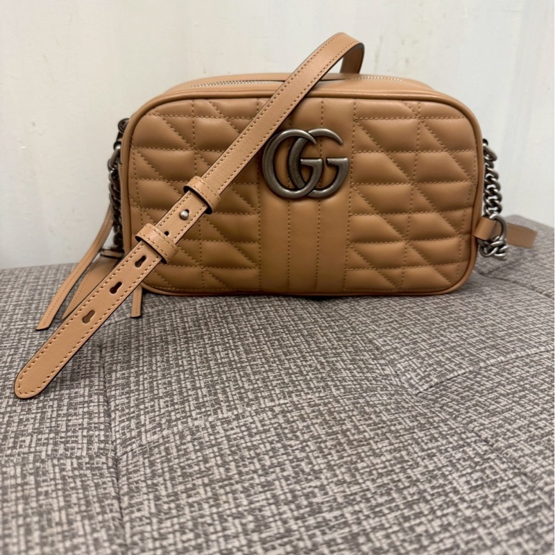 正品 Gucci二手近新Marmont奶茶銀釦拉鍊肩背/斜背包-6