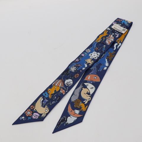 Hermès 愛馬仕 Twilly Lapins 小鳥 兔子 馬紫色 藍色 064007S 長絲巾