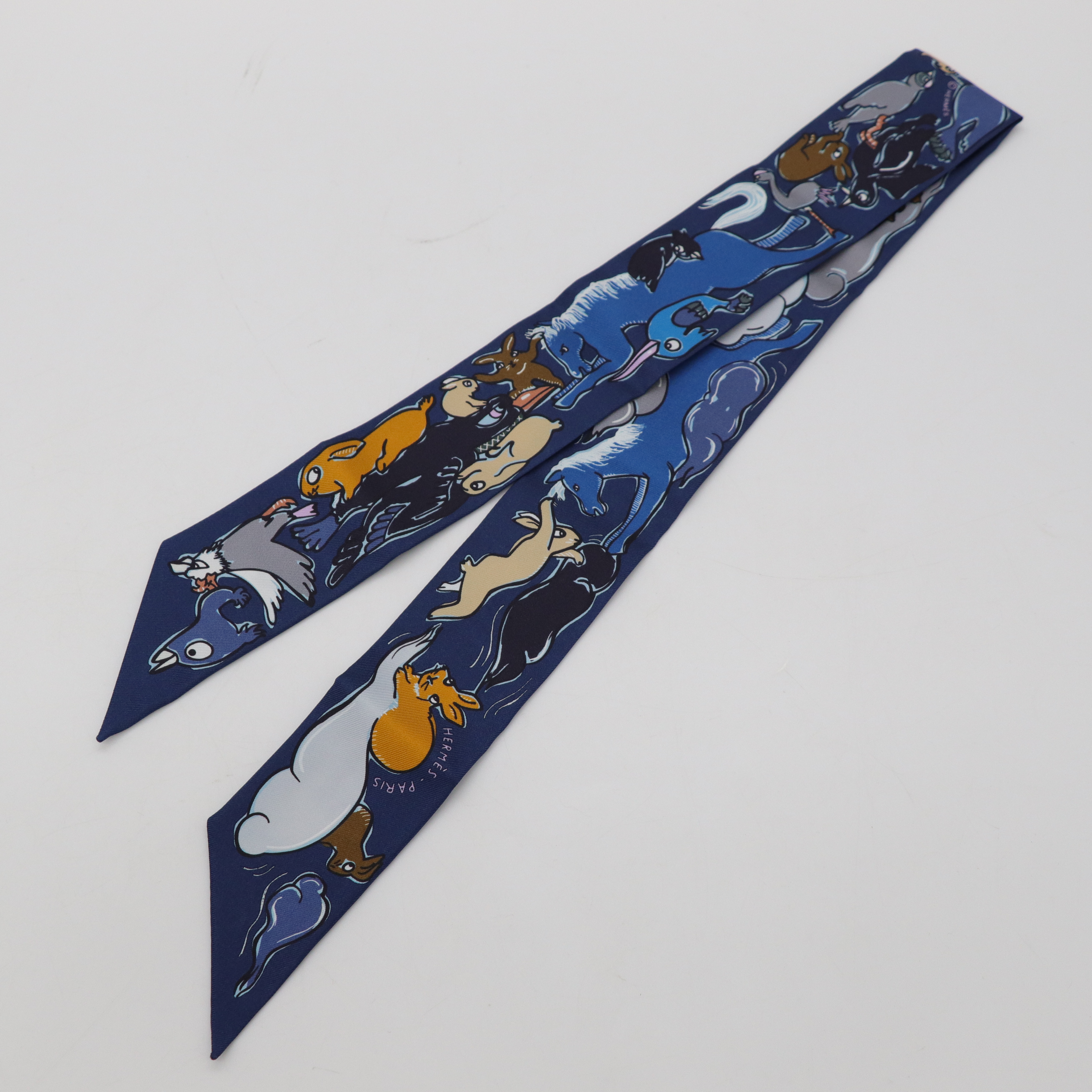 Hermès 愛馬仕 Twilly Lapins 小鳥 兔子 馬紫色 藍色 064007S 長絲巾-1