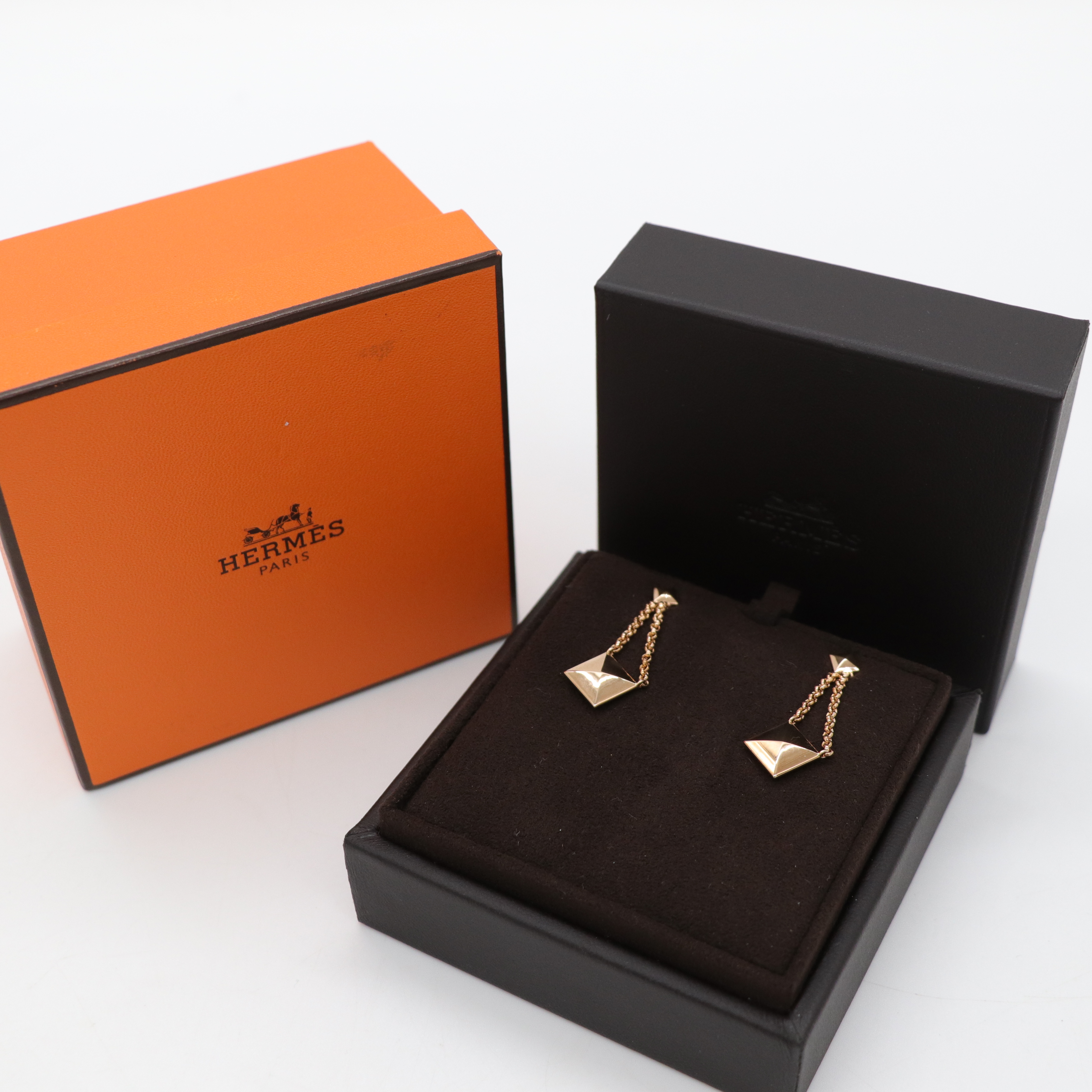 Hermès 愛馬仕 18K 玫瑰金 立體 方塊吊墜 耳飾 耳環-4