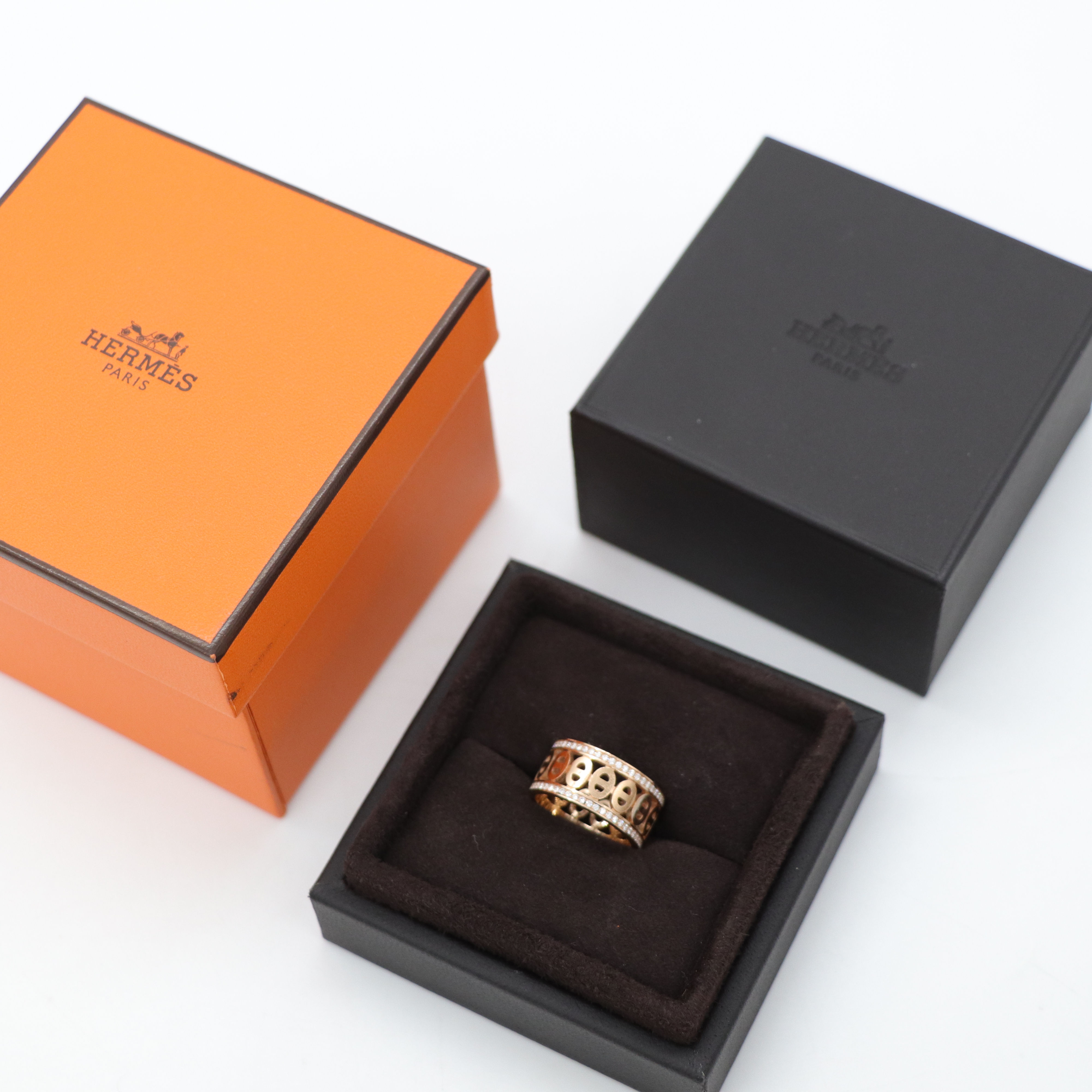 Hermès 愛馬仕 Chaine d'ancre Divine 18K 黃金 豬鼻子 雙圈 鑲鑽 戒指 51-7