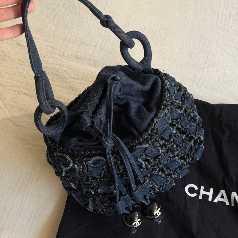 Vintage 稀有珍品 /Chanel 2006 限量/牛仔拉菲草編織小菜籃🧺 黑色壓克力球超時髦-0