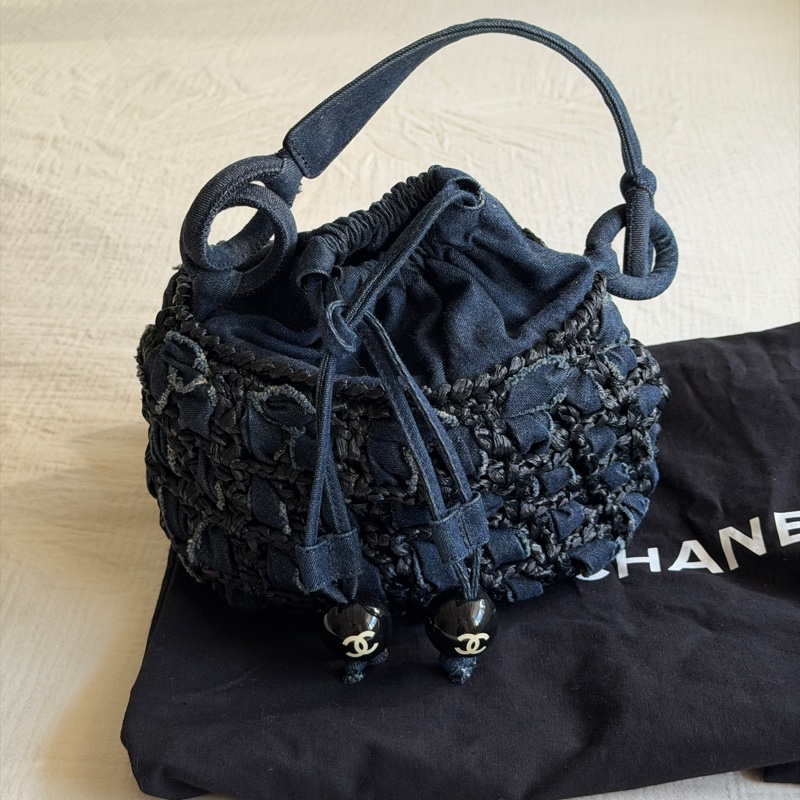 Vintage 稀有珍品 /Chanel 2006 限量/牛仔拉菲草編織小菜籃🧺 黑色壓克力球超時髦-2