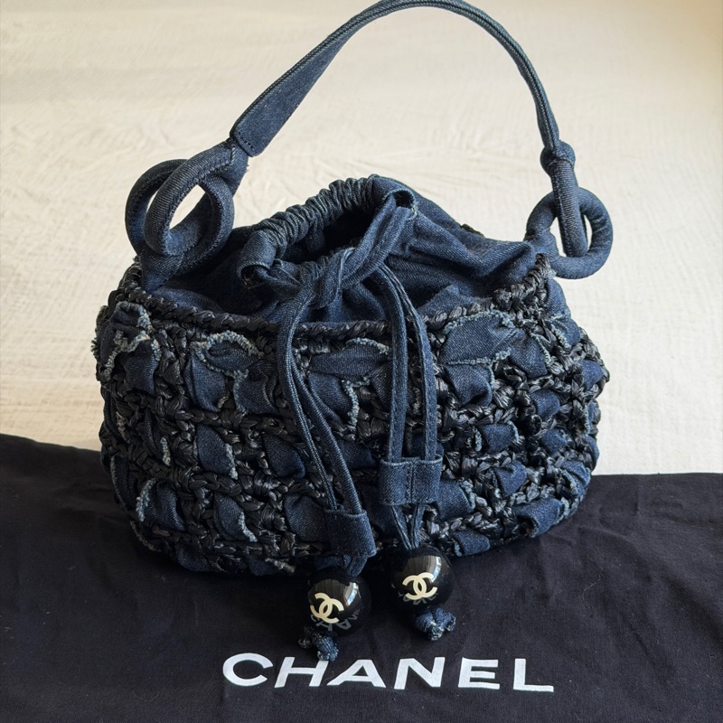Vintage 稀有珍品 /Chanel 2006 限量/牛仔拉菲草編織小菜籃🧺 黑色壓克力球超時髦-3