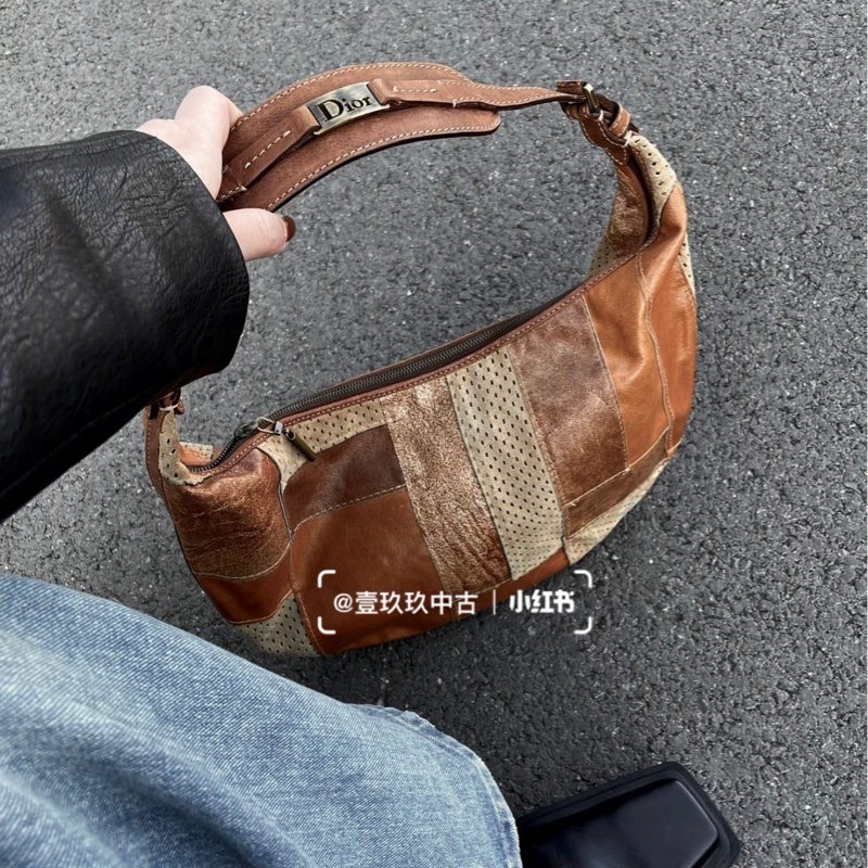 Dior John Galliano 時代收藏級中古包 DIOR 迪奧 焦糖拼皮 Hobo 腋下包-6