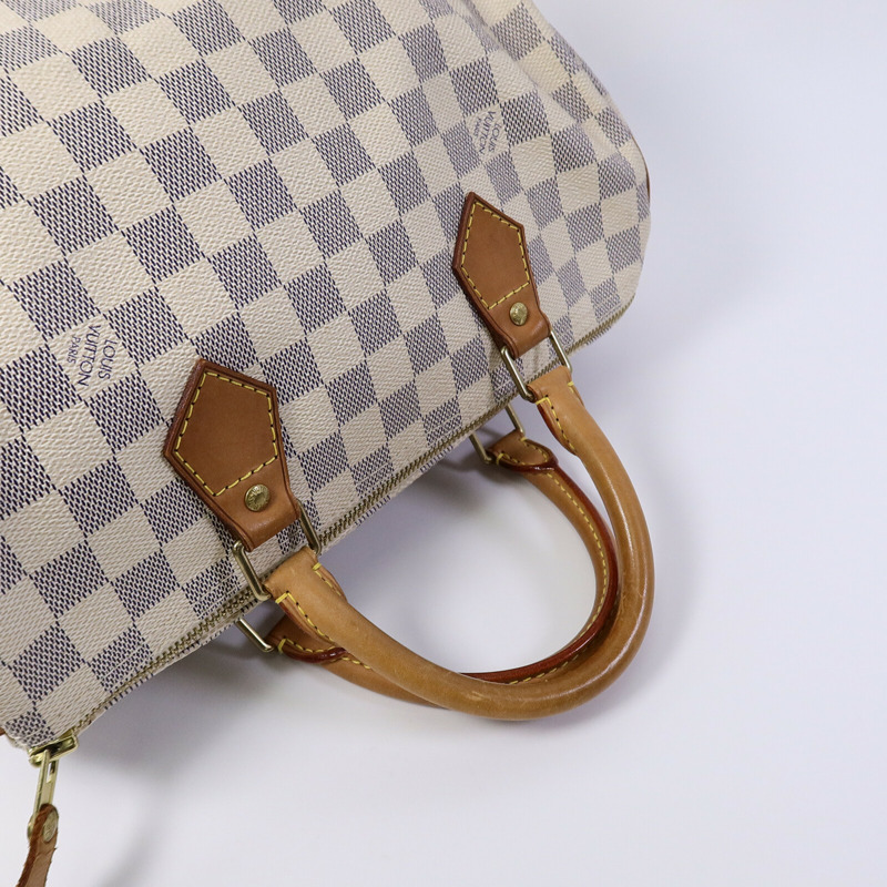 LOUIS VUITTON Damier Azur Speedy 30金扣手挽袋白色-8