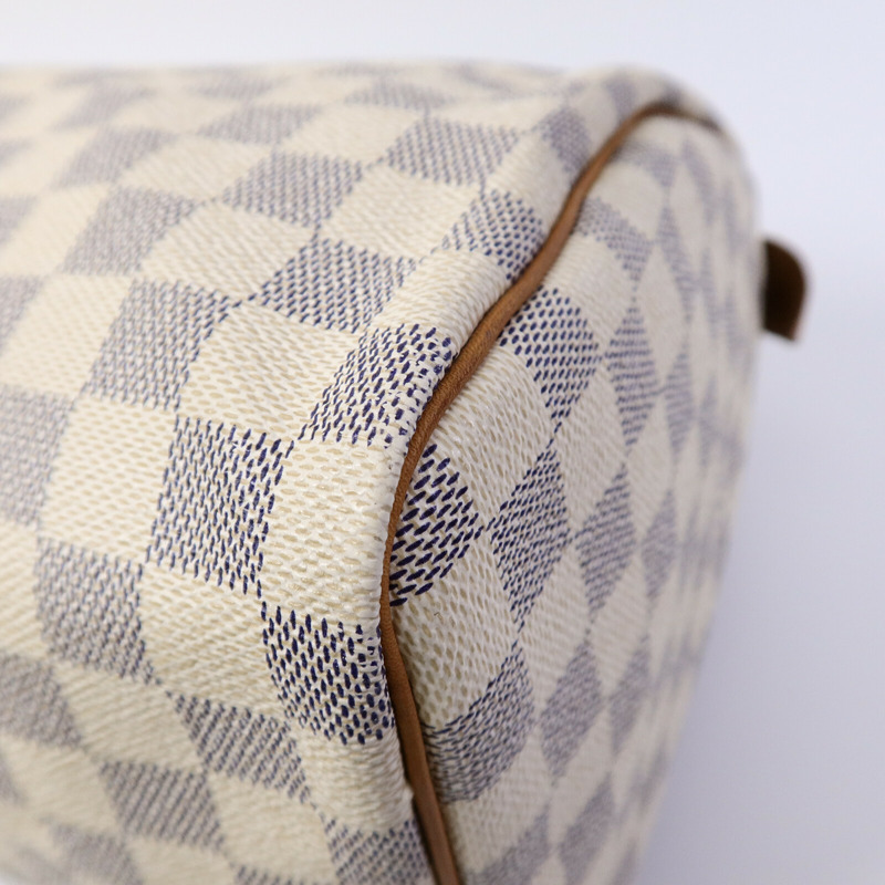 LOUIS VUITTON Damier Azur Speedy 30金扣手挽袋白色-11