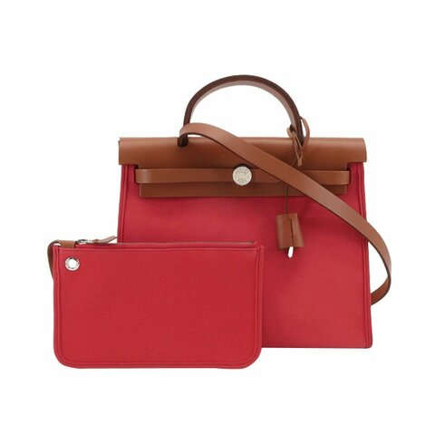 Hermes Herbag31馬鞍釘鎖釦子母包斜挎單肩包Hunter牛皮帆布銀扣粉色棕色C刻