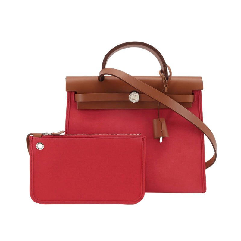 Hermes Herbag31馬鞍釘鎖釦子母包斜挎單肩包Hunter牛皮帆布銀扣粉色棕色C刻-0