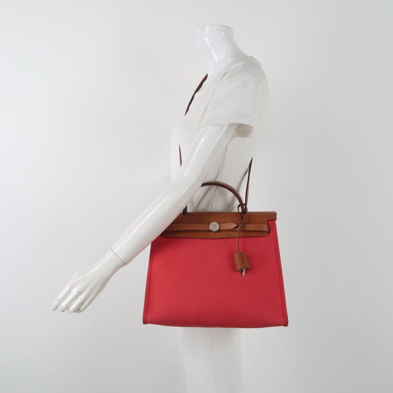 Hermes Herbag31馬鞍釘鎖釦子母包斜挎單肩包Hunter牛皮帆布銀扣粉色棕色C刻-1
