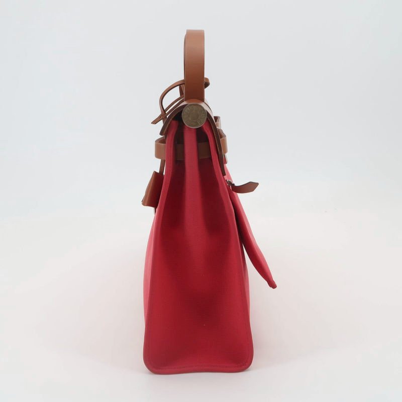 Hermes Herbag31馬鞍釘鎖釦子母包斜挎單肩包Hunter牛皮帆布銀扣粉色棕色C刻-2