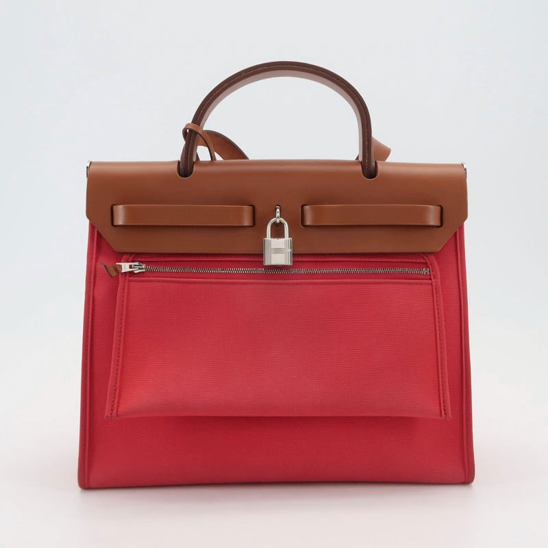 Hermes Herbag31馬鞍釘鎖釦子母包斜挎單肩包Hunter牛皮帆布銀扣粉色棕色C刻-4