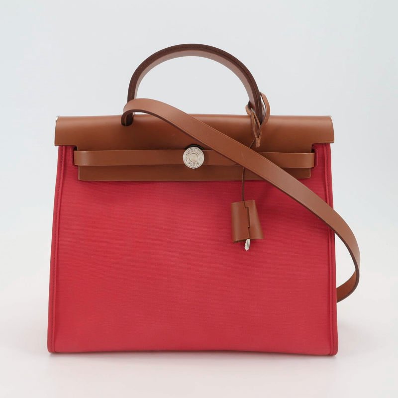 Hermes Herbag31馬鞍釘鎖釦子母包斜挎單肩包Hunter牛皮帆布銀扣粉色棕色C刻-7
