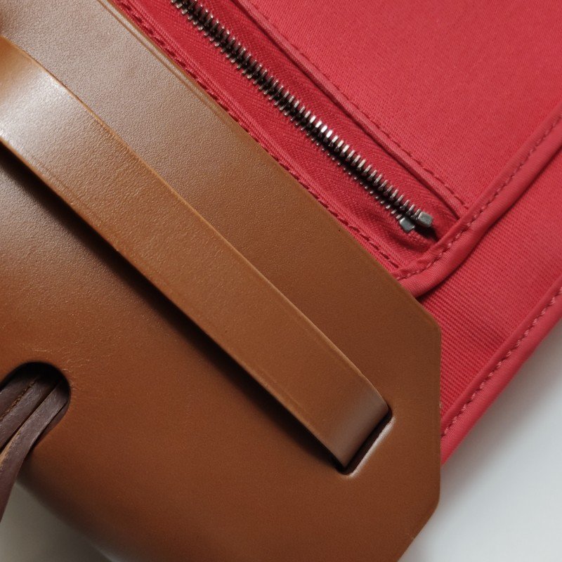 Hermes Herbag31馬鞍釘鎖釦子母包斜挎單肩包Hunter牛皮帆布銀扣粉色棕色C刻-15