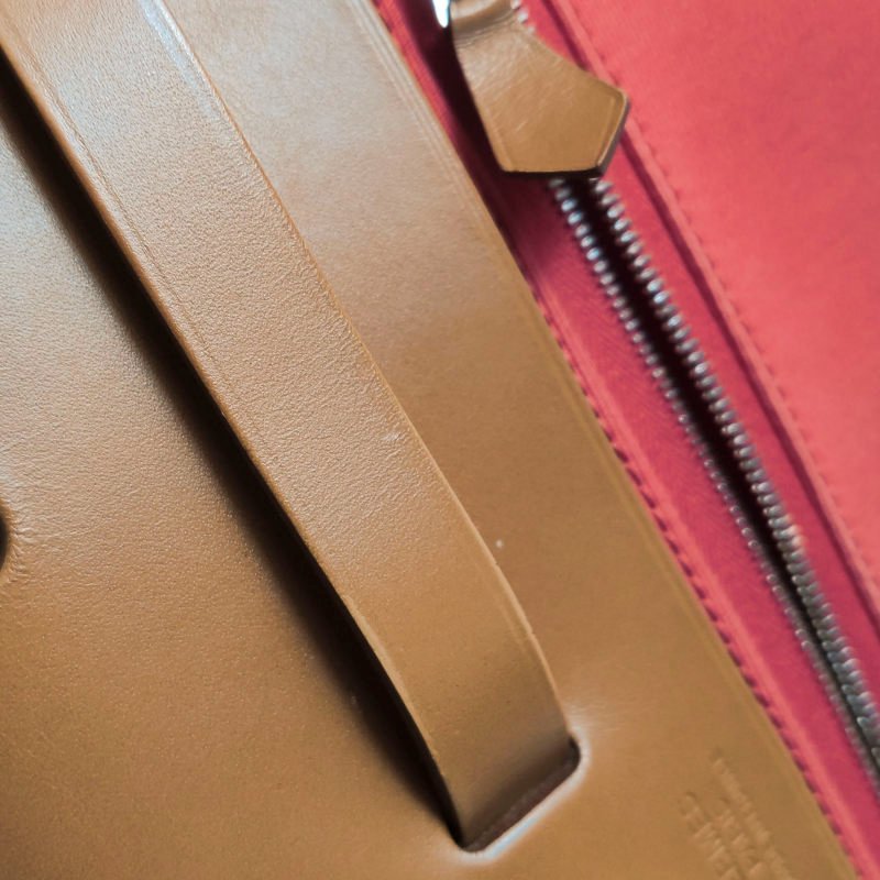 Hermes Herbag31馬鞍釘鎖釦子母包斜挎單肩包Hunter牛皮帆布銀扣粉色棕色C刻-16