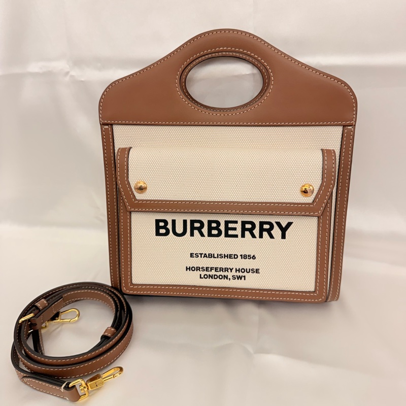 Burberry 牛皮拼帆布 mini pocket斜背包-4