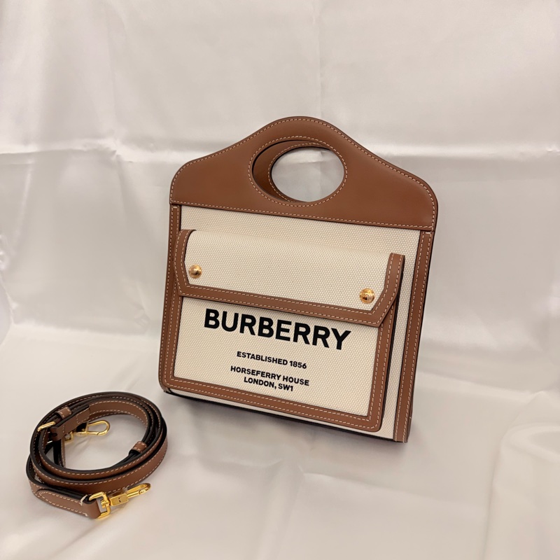 Burberry 牛皮拼帆布 mini pocket斜背包-5