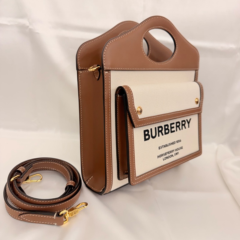 Burberry 牛皮拼帆布 mini pocket斜背包-7