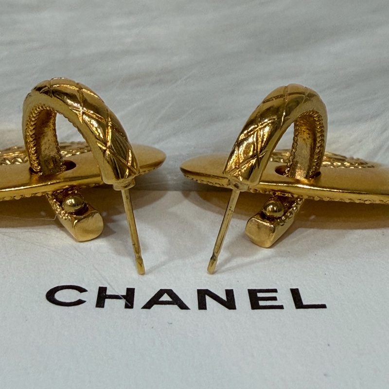 CHANEL 金色雙C金幣紋 吉他彈片撥片PICK LOGO 垂吊式 耳環 VINTAGE老香風-3