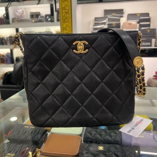 東區正精品㊣CHANEL AS3400 HOBO 香奈兒黑色荔枝牛皮金幣鍊帶肩背包 RZ6435-0