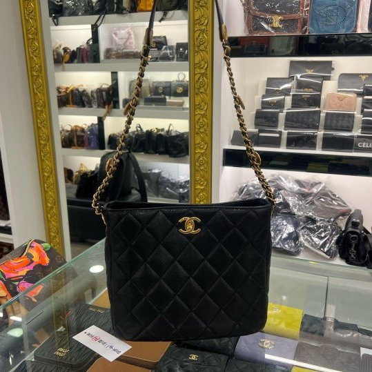 東區正精品㊣CHANEL AS3400 HOBO 香奈兒黑色荔枝牛皮金幣鍊帶肩背包 RZ6435-1
