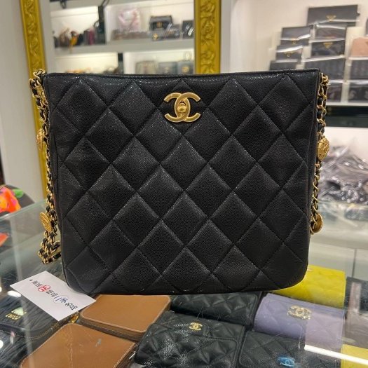 東區正精品㊣CHANEL AS3400 HOBO 香奈兒黑色荔枝牛皮金幣鍊帶肩背包 RZ6435-2